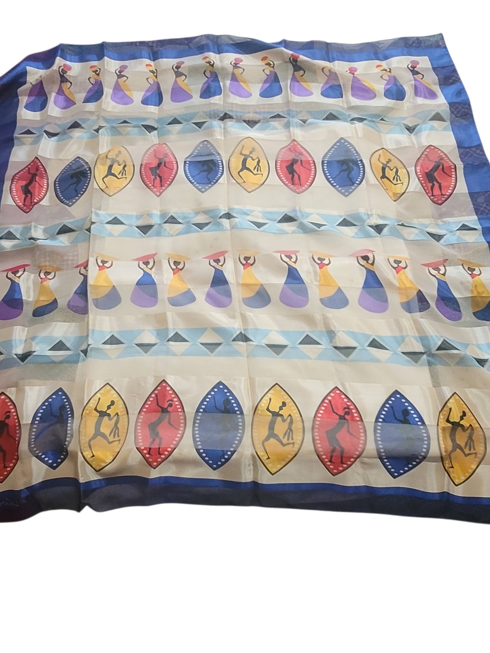Colorful Tribal Print Silk Scarf - Blue, Yellow, Red, Purple